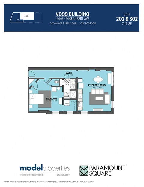 Floor plan for 1 bed, 1 bath, 749 sqft